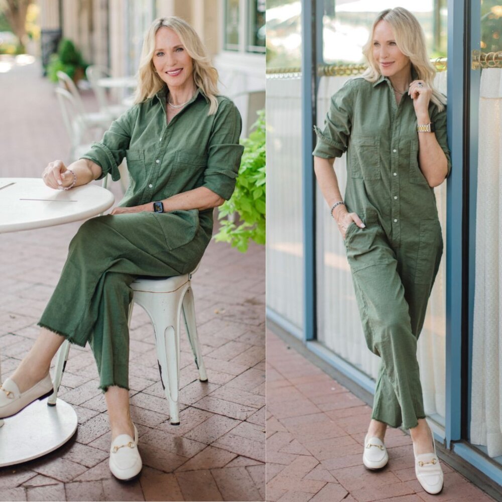 Frank & Eileen Northern Ireland Jumpsuit Army Green Italian‎ Linen Size M - Picture 2 of 11